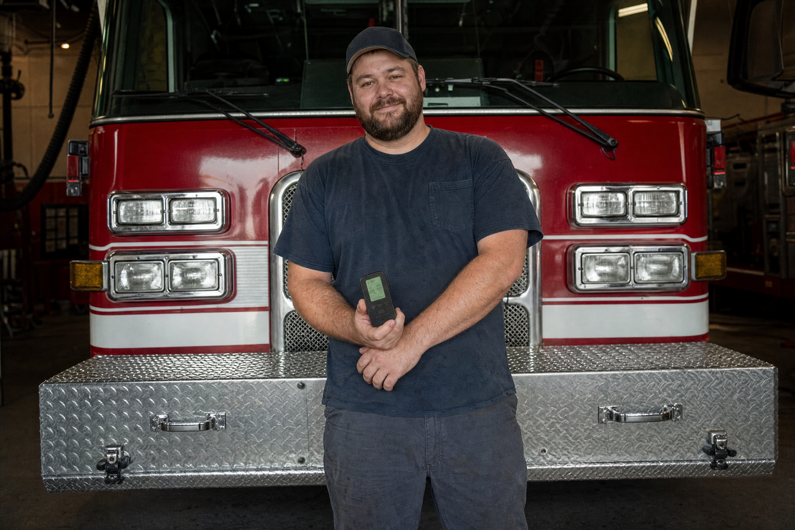 Firefighter holding a SENSZO detector in a fire station